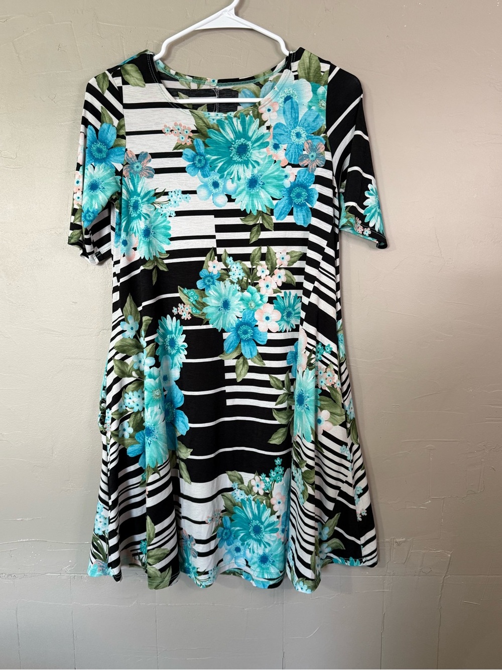 Black & White Stripe Tunic Dress with Teal Floral Print